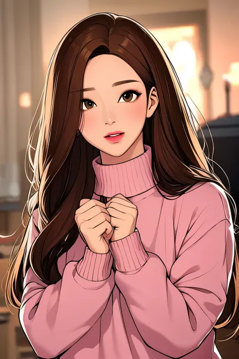 1 girl, long brown hair, brown eyes, sharp features, white skin, pink lips, sweater