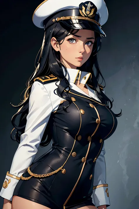 (Masterpiece, High Quality, 30-year-old Woman, Umama with Naval Uniform, Black Hair Covering Entire Body, Black Hair Naval Officer), (Detailed Textures, Realistic Rendering, Shiny Skin), (NSFW, 8K Wallpaper, High Resolution), Perfect Anatomy, Cinematic Lig...