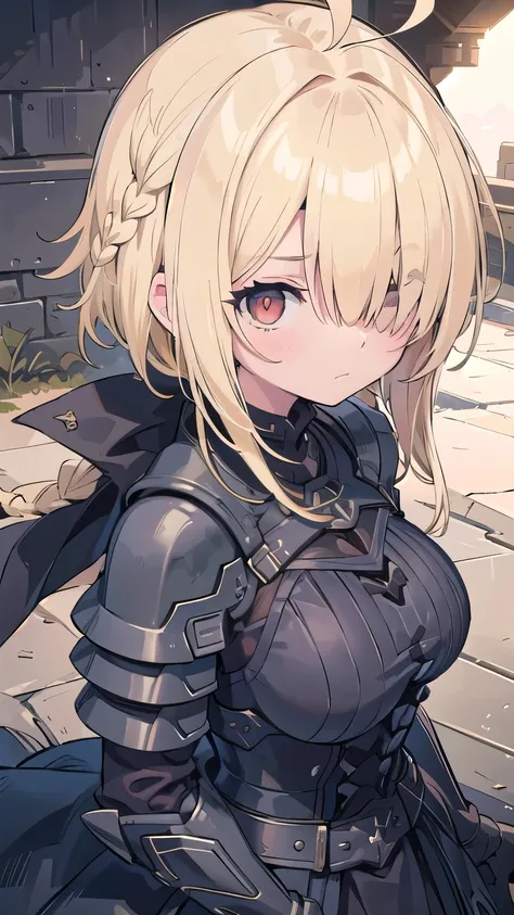 tits、glaring, angry, face palm、breasts close up, blonde　((((((hair over one eye)))))), Braid Styles, spiked hair, blunt bangs, bob hair, a braid, Ahoge　red eyes, , From above, From the side, armored dress, off shoulder