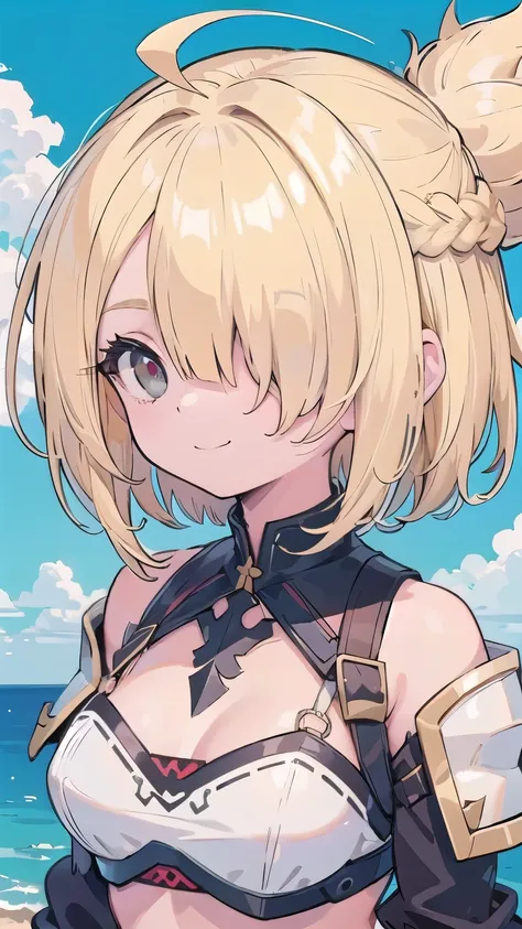 tits、smile, face palm、breasts close up, blonde　((((((hair over one eye)))))), Braid Styles, spiked hair, blunt bangs, bob hair, a braid, Ahoge　red eyes, , From above, From the side, white bikini armor, off shoulder