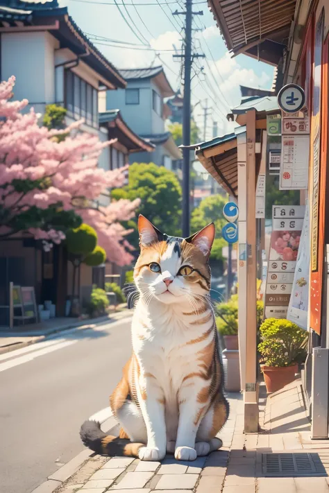 Japanese landscape summer scenery, A cute cat with round eyes is waiting for you at the bus stop, Street view, sunny,sunlight