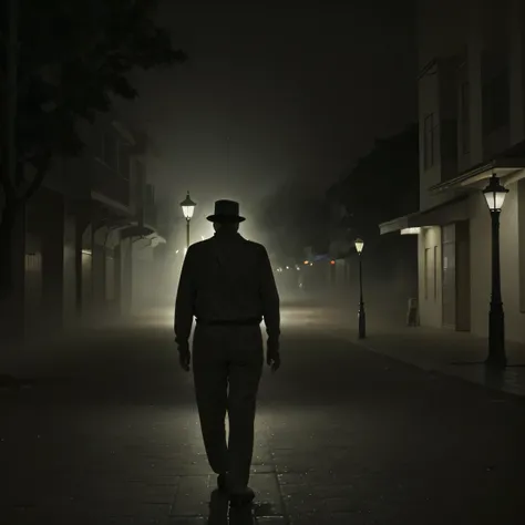 Homem caminhando em uma rua dos anos 1950, at night and foggy 