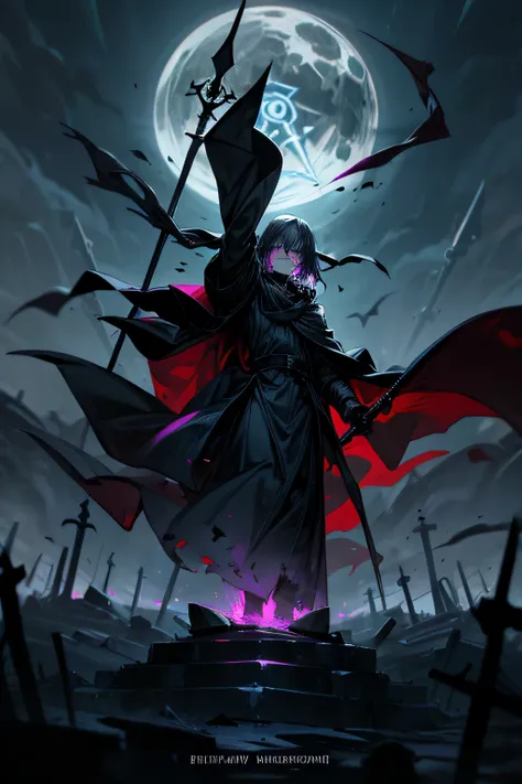 A necromancer, clad in dark robes and wielding a staff adorned with twisted runes, stands atop a desolate hill overlooking a moonlit cemetery. The air is thick with an otherworldly chill, and the tombstones cast long, eerie shadows across the uneven ground...