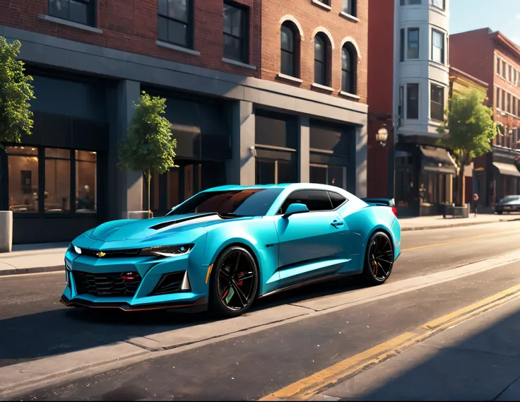 3d render of a modern sportscar, 2024 Camaro, cityscape, daytime