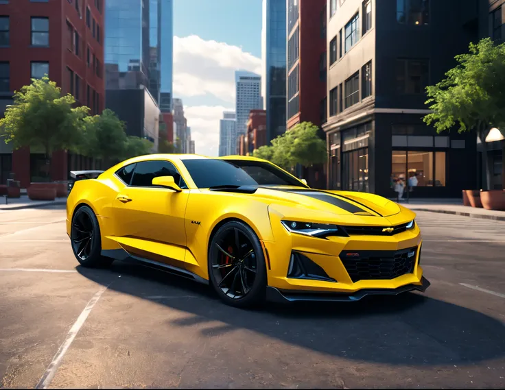3d render of a modern sportscar, 2024 Camaro, cityscape, daytime