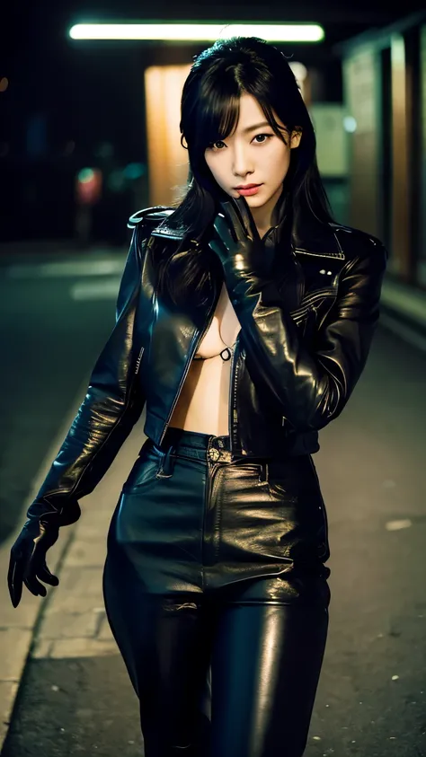 black leather rider jacket, office in the dark, Fingertips of black leather gloves on both hands,wearing black leather gloves,sitting in a black leather chair、 Japanese female new employee (black leather gloves cover both hands) (The angle is horizontal)、b...