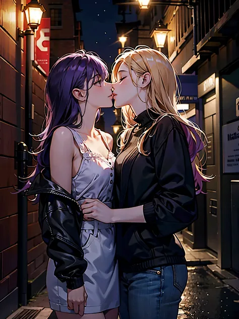 two girl kissing in the street in the night, the girl of the right is blonde show shoulders, the girl of the left is purple hair, both closed eyes, modern clothes, dark and warm environment, 4k, HD, so many details