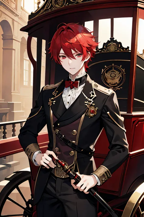 male　red hair　red eyes　steampunk　garden　Black Horse　carriage　noble　masterpiece　Highest image quality　noise removal　clear parts 　cinematic shadow　Increases the attractiveness of the eyes　clear parts the shine of the eyes　draw eyelashes neatly　perfect eyes　d...