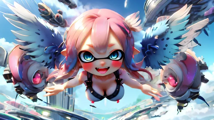 Splatoon Girl、whole body、3D、real anime、wide angle、(smile with wide open mouth)、(big breasts)、cleavage、thin waist、blush、cheek、lipstick、wings are growing、Flapping Wings、landing_wings、big and cute eyes、beautiful eyes、dynamic pose、flying in the sky、flying girl...