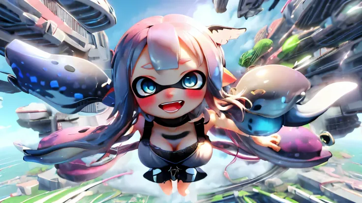 splatoon girl、whole body、3d、real anime、wide angle、(smile with wide open mouth)、(big breasts)、cleavage、thin waist、blush、cheek、lip...