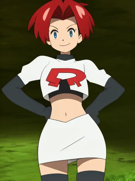 view of the valley, with grass, team rocket uniform, red letter r, white skirt,white crop top,black thigh-high boots, black elbow gloves, evil smile, looking down at viewer, hands on hips, spread legs, from below, panties