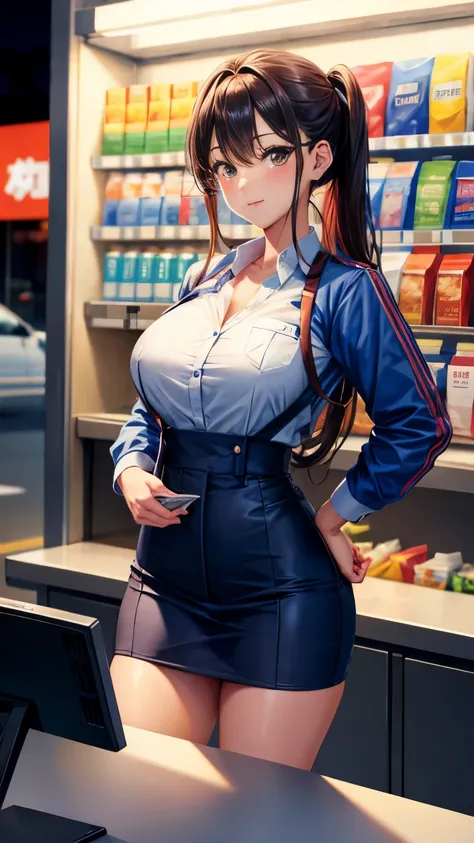 Beautiful girl busty clerk wearing a convenience store uniform working at a convenience store late at night