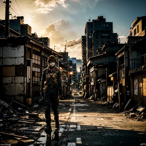 GROUND LEVEL VIEW, ultra realist, A JAPANESE SOLDIER wearing a kitsune mask, 30 YEARS OLD, with a machine gun, WALK POSE, SUN RISE, STANDS ON STREET OF THE POST-APOCALYPSE RUINED AND DESTROYED TOKYO CITY, HOSTILE ENVIRONMENT, IMPACTFUL VISUAL DESTRUCTION, ...