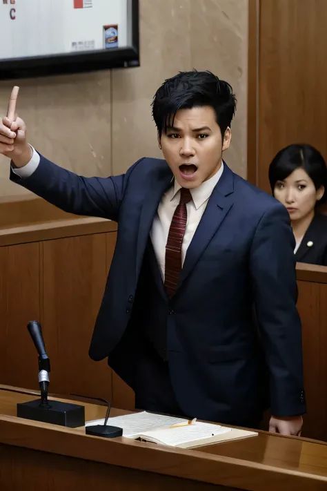 White male lawyer, japanese-american, courtroom backdrop, bright blue suit, red tie, black hair, short spiky hair, hair spiky, aggressive, shouting, yelling, pointing, golden lawyers badge, populated courtroom, shocked courtroom, judge in background, judge...