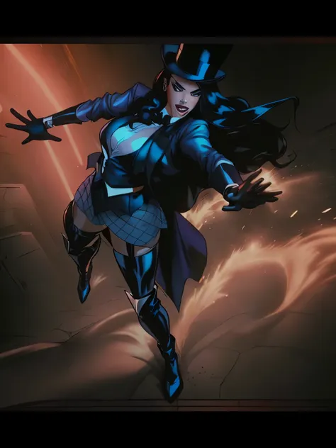 dc comics zatanna, female superheroine in an action pose, wearing top hat, wearing gloves, wearing stockings and leather boots