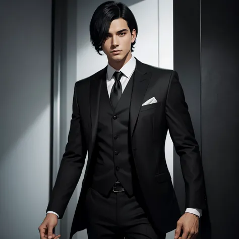 Young manipulative looking man with medium length black hair and a sexy black suit. 