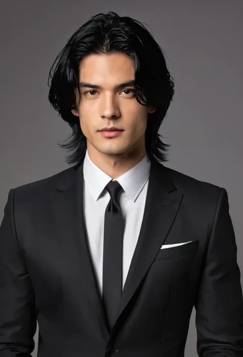 Young manipulative looking man with medium length black hair and a sexy black suit.