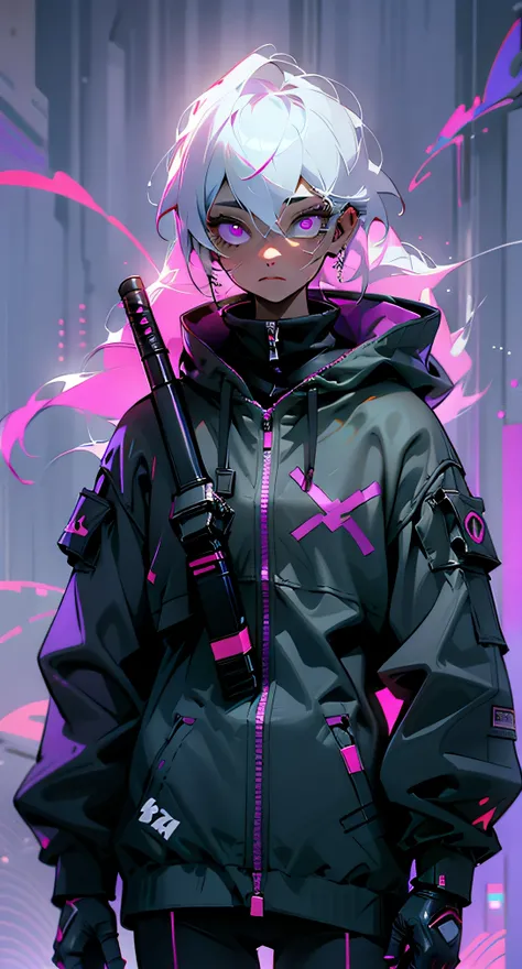 (best quality,4k,8k,highres,masterpiece:1.2), ultra-detailed, (realistic,photorealistic,photo-realistic:1.37), portrait, man, sad expression, purple glowing radiant eyes, white hair, cyberpunk hoodie, neon colors, dramatic lighting, smoke, futuristic citys...