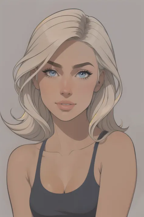 (cartoonish style), flat color style, illustration of a 
close-up, portrait,  of a 25 year old surfer looking girl, tan skin, ([blue eyes]) Beach blonde salty hair, natural beaty, beautiful, casual, blue tank top, masterpiece, (([Simple grey background]))
...