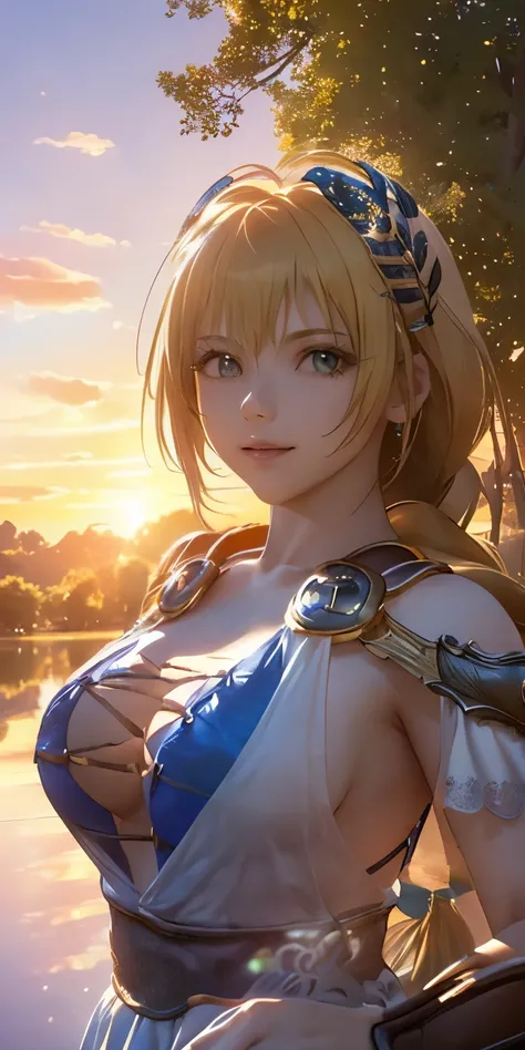 (masterpiece, best quality:1.3), Sophitia Alexandra, Soul Calibur, (upper body:1.5), 28 years old, look at viewer, gold hair, braid hair, (there is a beautiful sunset with a lake and trees in the background, colorful skies, surreal colors, colorful sunset,...