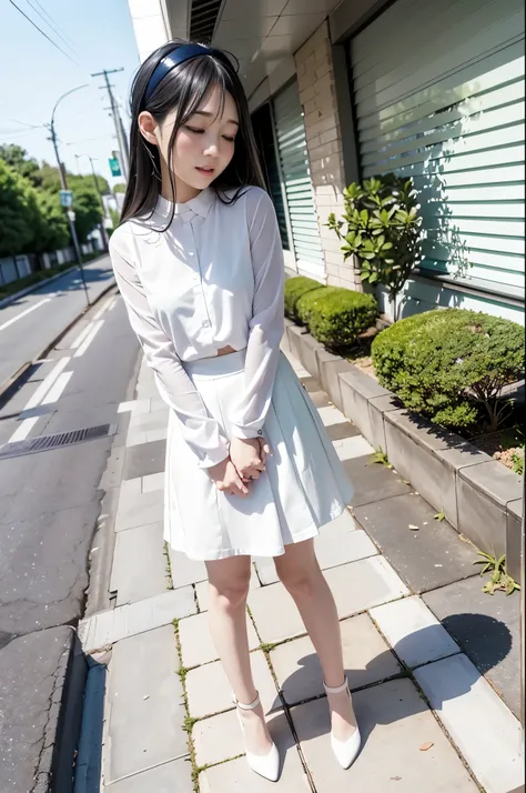 1 Japanese girl,standing,blushing and embarrassed face,summer casual style,white blouse,white flare skirt,white choker,white high heels,((Full body:1.2,Voyeur from the side:1.2)),slim body shape,from below,realistic,best quality,ultra-detailed,high resolut...