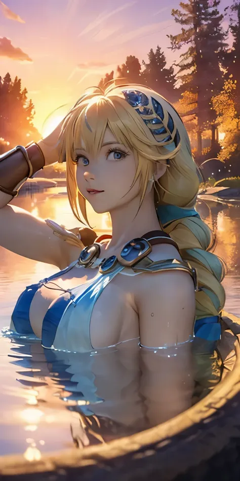 (masterpiece, best quality:1.3), Sophitia Alexandra, Soul Calibur, (upper body:1.5), anime, 28 years old, look at viewer, gold hair, braid hair, (there is a beautiful sunset with a lake and trees in the background, colorful skies, surreal colors, colorful ...