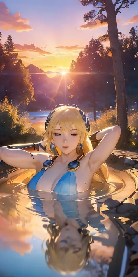 (masterpiece, best quality:1.3), Sophitia Alexandra, Soul Calibur, (upper body:1.5), anime, 28 years old, look at viewer, gold hair, braid hair, (there is a beautiful sunset with a lake and trees in the background, colorful skies, surreal colors, colorful ...