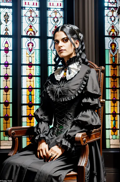 portrait of a victorian vampire woman with dark gray skin, sitting down on a chair in front of stained glass window art, wearing a ruffled collar, inside of a gothic home with swords and blood splatters on clothing