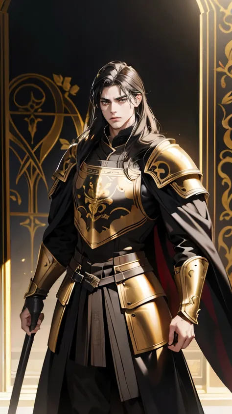 Young man, Eyes looking to camera, Perfect male body, epic character, (handsome, Tall and strong, elegant,long half black half gold hair,Frown, black and gold heavy armor,stand in medieval town),dramatic shadow, Ray Tracing,(masterpiece, high resolution, p...