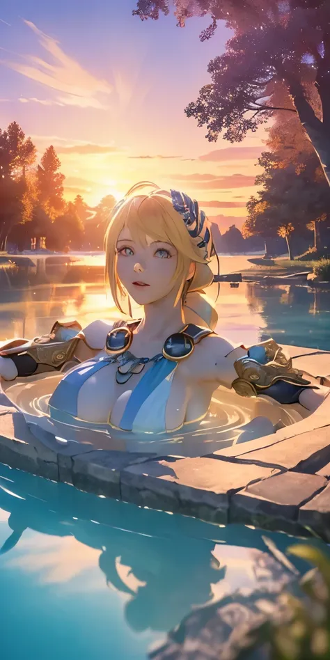 (masterpiece, best quality:1.3), Sophitia Alexandra, Soul Calibur, (upper body:1.5), anime, 28 years old, look at viewer, gold hair, braid hair, (there is a beautiful sunset with a lake and trees in the background, colorful skies, surreal colors, colorful ...