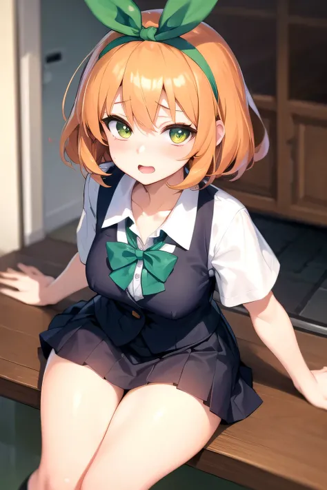 highest quality, masterpiece, High resolution, one person in, {Nakano_yotsuba_gotoubunnohanayome:1.15}, orange_hair, front hair, ribbon, green_ribbon, hair_ribbon,underwear,Erotic,my penis, blush, hair_between_eye, green_eye, short_hair, Eyebrow_hidden_by_...