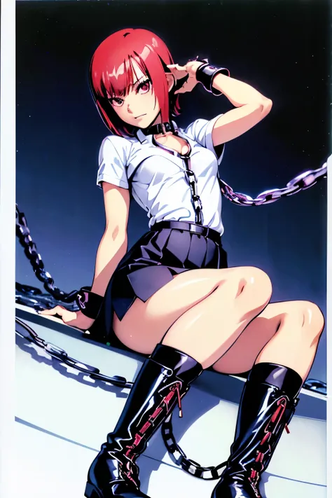 Rio, Super Blackjack、red hair、short hair、((blouse))、((thigh high sockini skirt、Photo from below、medium chest、prison、Rio・デ・カーニバル、boots、((chained))、