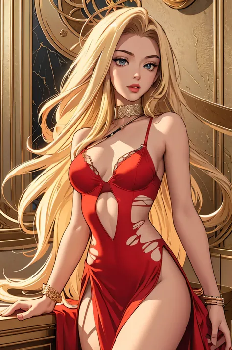 (masterpiece, top quality, best quality, official art, beautiful and aesthetic:1.2), young (1girl:1.3), (wearing torn red dress:1.3), (blonde:1.3) hair, long hair, (colorful eyes:1.3), extremely detailed, colorful, (highly detailed CG illustration), (looki...