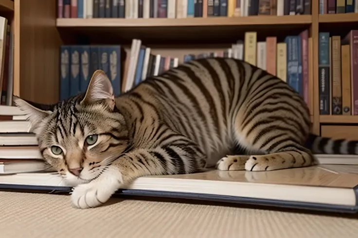 a close up of a cat laying on a book shelf with books, there is a book next to the cat, magic library, filled with books, books all over the place, lisa parker, 240p, books cave, intense knowledge, bookshelf, curled up on a book, book shelf small library, ...