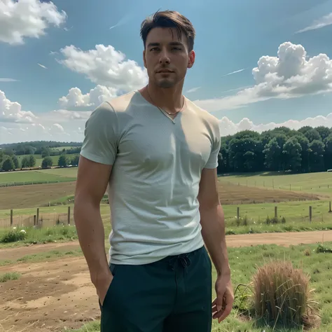 A handsome man wearing casual clothes is standing in the countryside, with stretching green grass, with a beautiful background of sky and white clouds