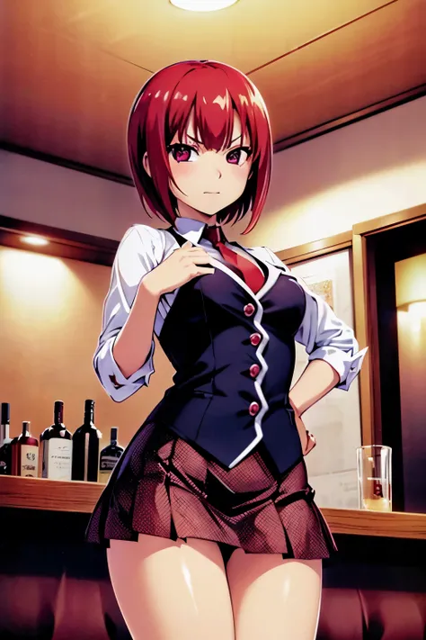 Rio, Super Blackjack、red hair、short hair、((Bartenders clothes))、((Fishnet tightini skirt、Photo from below、medium chest、Bedroom、Rio・デ・カーニバル、