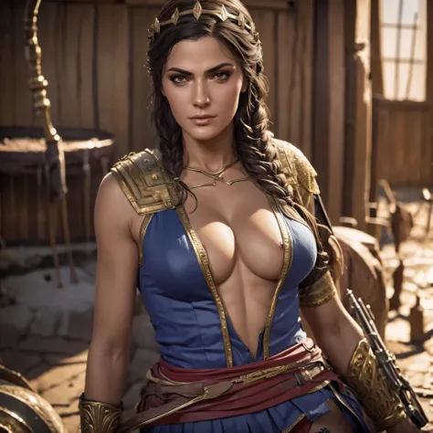 extremely detailed nsfw Kassandra Assassins Creed,Detailed Lips,Detailed Eyes, detailed eyelashes, detailed face, textured skin, super detail lighting ((full body shot,)) sexy reviling clothing, 