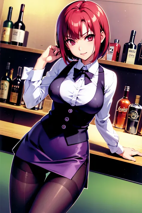 Rio, Super Blackjack、red hair、short hair、((Bartenders clothes))、((pantyhose))、mini skirt、Photo from below、medium chest、Bedroom、Rio・デ・カーニバル、