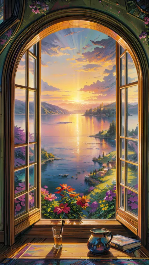 a painting of a window with a view of a lake, floral sunset, ( ( thomas kinkade ) ), dream scenery art, dan mumford and thomas kinkade, thomas kinkade style painting, tomas kinkade, scenery artwork, beautiful fantasy painting, photo of a beautiful window, ...