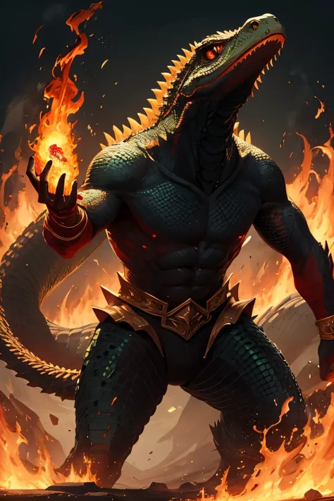 
"Craft an epic narrative depicting a sorcerer lizard capable of conjuring flames from its claws. Describe its imposing physical appearance, regal attire, the mystical environment it dwells in, and delve into the arcane spells it wields to command the infe...