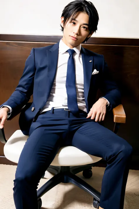 Japanese, muscular man in navy suit, bulging crotch, erection, bulging crotch, bulging thighs, male, sitting in chair, short hair, narrow eyes