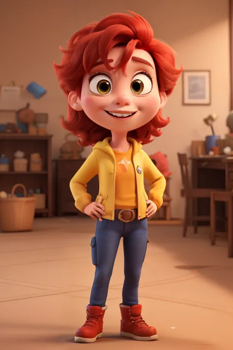 personagem 3d, mascote de uma empresa, mulher sorridente, redhead and friendly disney pixar style