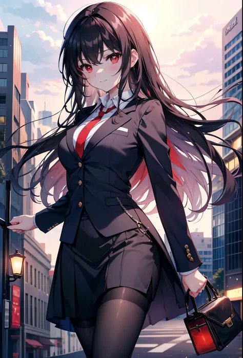 Commercial Purpose, utaha kasumigaoka, black hair, white hair band, long hair, (red eyes:1.5),blush,happy smile, smile, open your mouth,OL, red glasses, end, black suit jacket, collared jacket, white dress shirt, collared shirt, neckline, button, strap, ID...