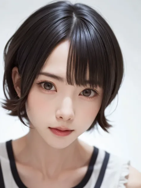 ((masterpiece、1 beautiful girl、detailed eye、前髪のあるshort hair、long neck、Please show your ears))、Big eyes、Clear double eyelids、((highest quality, 超High resolution、stare at the camera)), (reality: 1.4), original photo, 1 girl,cinematic lighting、Japanese、asian ...