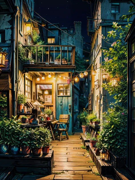 ,a painting of a street at night with a bench, studio ghibli environment, pleasant cozy atmosphere, cozy atmosphere, anime scenery, nightime village background, back alley, quiet tokyo alley at night, by Edward Okuń, dream-like atmosphere, dream - like atm...