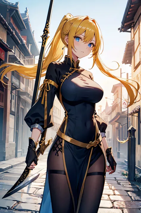 4k,High resolution,one woman,yellow hair,long ponytail,blue eyes,big breasts,swordsman,Yellow long Chinese dress,Black tights,Long sword,medieval town