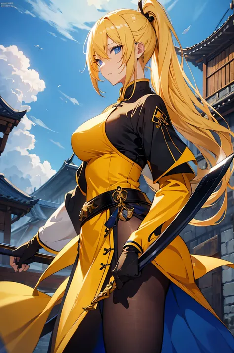 4k,High resolution,one woman,yellow hair,long ponytail,blue eyes,big breasts,swordsman,Yellow Chinese Dress,Black tights,Long sword,medieval town