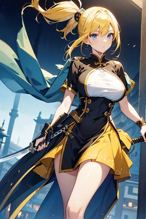 4k,High resolution,one woman,yellow hair,long ponytail,blue eyes,big breasts,swordsman,Yellow Chinese Dress,Black tights,Long sword,medieval town