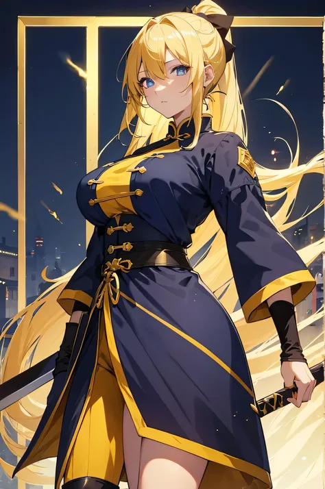 4k,High resolution,one woman,yellow hair,long ponytail,blue eyes,big breasts,swordsman,Yellow Chinese Dress,Black tights,Long sword,medieval town