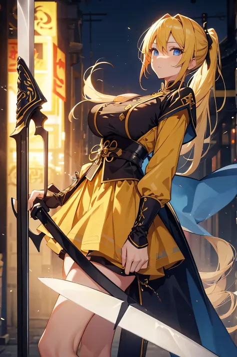 4k,High resolution,one woman,yellow hair,long ponytail,blue eyes,big breasts,swordsman,Yellow Chinese Dress,Black tights,Long sword,medieval town